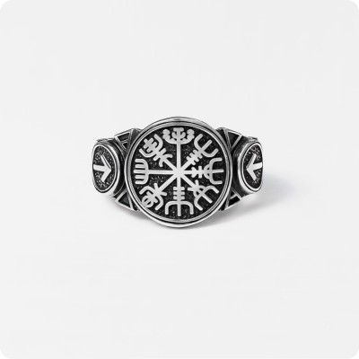 Кольцо с руническим компасом Вегвизир и рунами Тейваз (Тюр) - Путь Воина