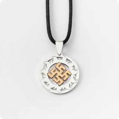 Оберег Цветок Папоротника из серебра с золотом в Солнечном Круге