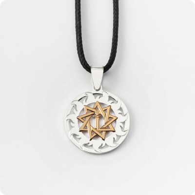 Оберег Меч острием вниз из серебра с золотом в Солнечном Круге